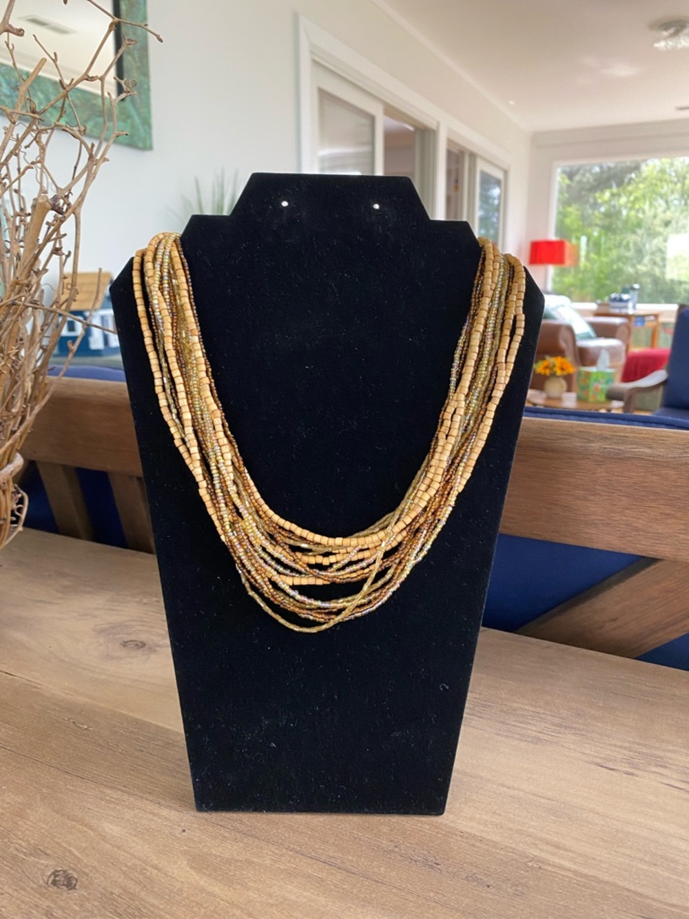 Multi-Strand Wood and Brown Beaded Necklace